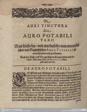 De Auri Tinctura sive Auro Potabili vero.