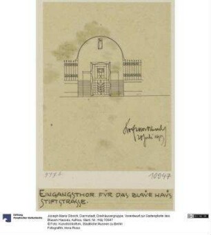Darmstadt, Dreihäusergruppe, Vorentwurf zur Gartenpforte des Blauen Hauses, Aufriss