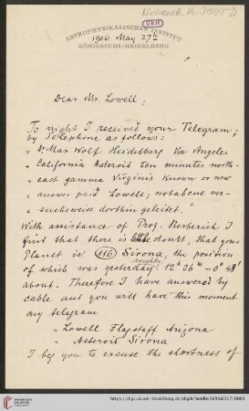 D. Briefe von Max Wolf: Brief von Max Wolf an Percival Lowell