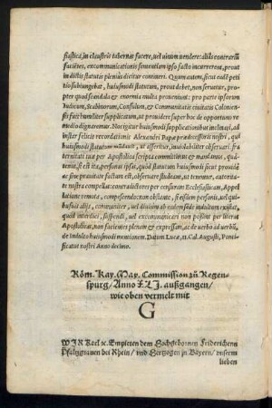 Röm. Kay. May. Commision zu Regenspurg ... oben vermelt mit G