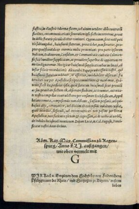 Röm. Kay. May. Commision zu Regenspurg ... oben vermelt mit G