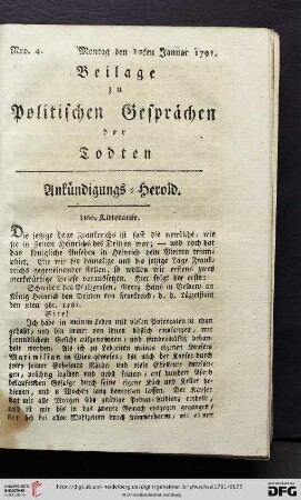 Beilage zu Politischen Gesprächen der Todten. Ankündigungs-Herold. Nro. 4