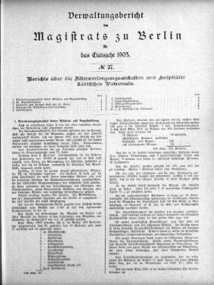 No. 27. Berichte über die Alterversorgungsanstalten und Hospitäler städtischen Patronats
