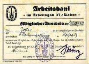 Mitglieds-Ausweis des Arbeitsdank im Arbeitsgau 27/Baden
