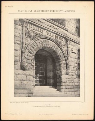 Hackley-Bibliothek, Muskego/Wisconsin: Ansicht Haupteingang (aus: Blätter für Architektur und Kunsthandwerk, 9. Jg., 1896, Tafel 51)