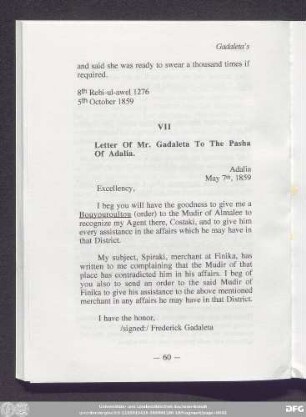 VII Letter Of Mr. Gadaleta To The Pasha Of Adalia.