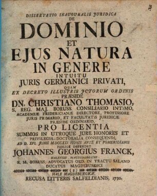 Dissertatio Inauguralis Juridica De Dominio Et Ejus Natura In Genere Intuitu Juris Germanici Privati