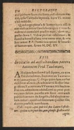 XXII. Invitatio ad auscultandam parentationem Frid. Taubmani.