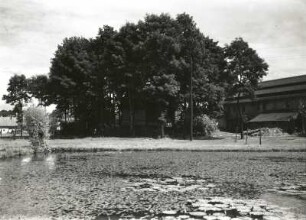 Pulsnitz-Vollung, Kr. Bischofswerda. Weitzmannsches Gut (1854). Perfert (bäuerliche Befestigungsanlage) von Westen über einen Seerosenteich