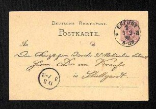 Postkarte an Ferdinand Krauss (Königl. Naturalien Kabinet)