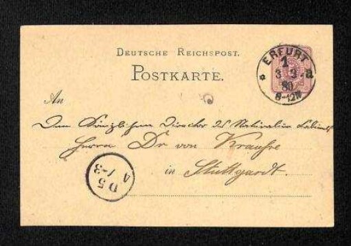 Postkarte an Ferdinand Krauss (Königl. Naturalien Kabinet)