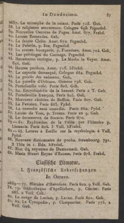Classische Literatur I. Französische Uebersetzungen