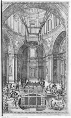 Della trasportatione dell'obelisco Vaticano et delle fabriche di Nostro Signore Papa Sisto V. / fatte dal Cavallier Domenico Fontana. Libro Primo, Folio 53: Die Cappella del Presepe wird in die Cappella Sistina eingelasssen