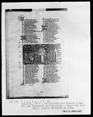 Weltchronik des Rudolf von Ems — Hagar und der Engel, Hagars Rückkehr, Folio 24verso