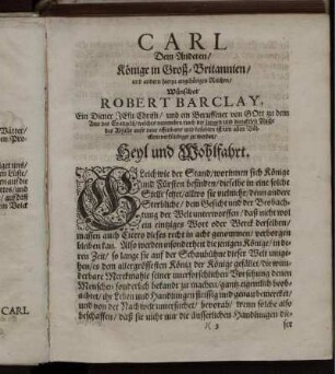 Carl dem Anderen/ Könige in Groß-Britannien/... wünscht Robert Barclay, ... Heyl und Wohlfahrt