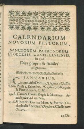 Calendarium Novorum Festorum, ...