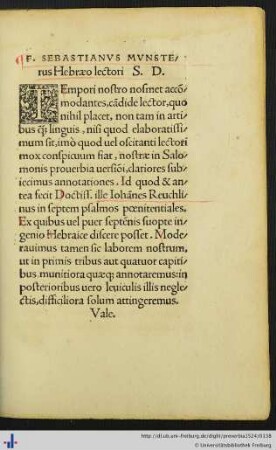 F. Sebastianus Munsterus Hebraeo lectori S. D.