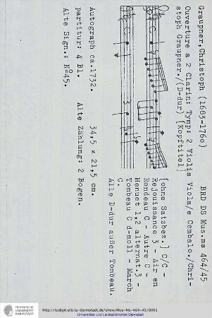 Ouverture a 2 Clarin: Tymp: 2 Violin Viola / e Cembalo. / Christoph Graupner.