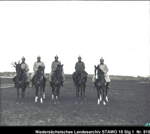 Geländeübung des Feld-Artillerie-Regiments Nr. 46 Enthält: Platte 13, Gruppenaufnahme von fünf berittenen Offizieren