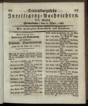 XX. Stück. Sonnabends: den 20. May, 1786.