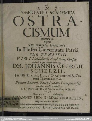 Dissertatio Academica Ostracismus Examinans