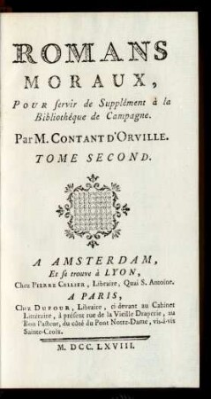 Tome Second: Pour servir de Supplément à la Bibliothéque de Campagne