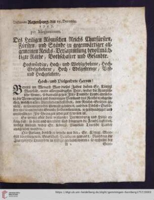 Dictatum Regenspurg, den 15. Decembr.