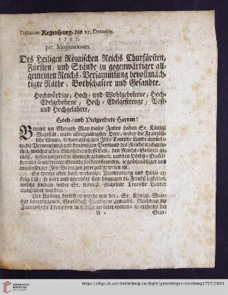 Dictatum Regenspurg, den 15. Decembr.