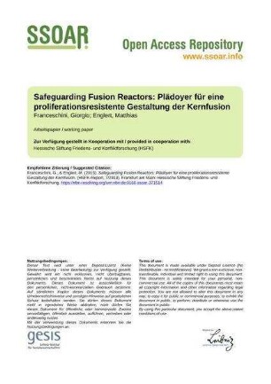 Safeguarding Fusion Reactors: Plädoyer für eine proliferationsresistente Gestaltung der Kernfusion
