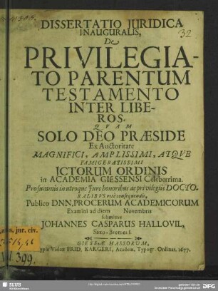Dissertatio iuridica inauguralis de privilegiato parentum testamento inter liberos