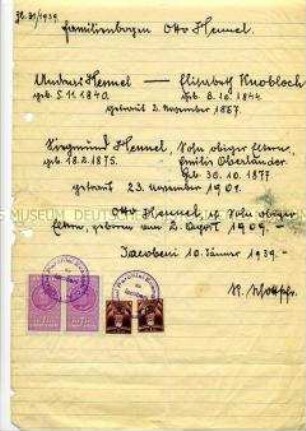 Beglaubigtes Blatt mit Angaben zur Familie von Otto Hennel - Familienkonvolut