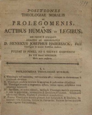 Positiones theologiae moralis ex prolegomenis de actibus humanis et legibus