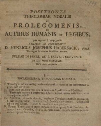 Positiones theologiae moralis ex prolegomenis de actibus humanis et legibus