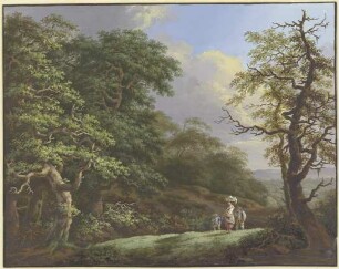 Eichenwald, im Vordergrund eine Frau mit einem Korb auf dem Kopf, begleitet von einem Mann und einem Knaben