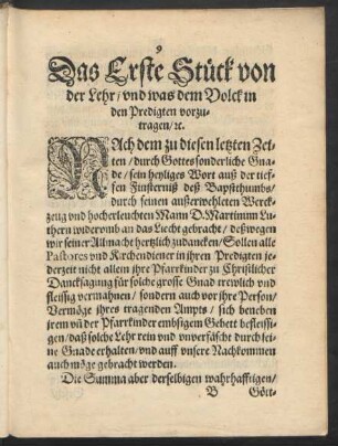 Das Erste Stück von der Lehr/ und was dem Volck in den Predigten vorzutragen/ etc.