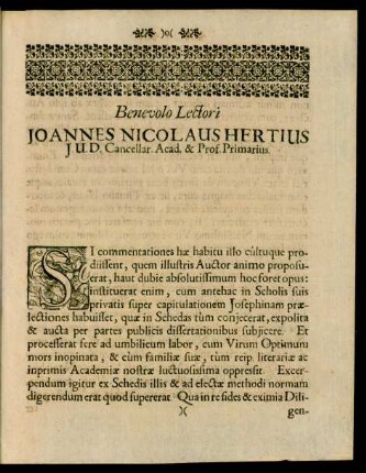 Benevolo Lectori Joannes Nicolaus Hertius ...