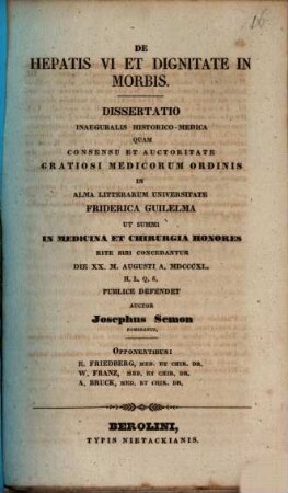 De hepatis vi et dignitate in morbis : diss. inaug. hist. med.