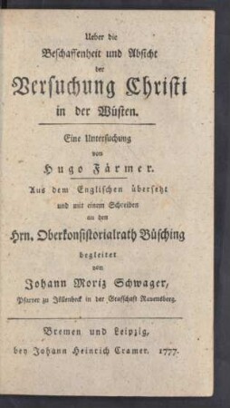 Ueber die Beschaffenheit und Absicht der Versuchung Christi in der Wüsten
