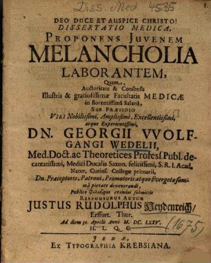 Dissertatio Medica, Proponens Juvenem Melancholia Laborantem
