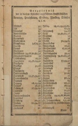 Verzeichnis der in diesem Kalender angeführten hochstiftischen Aemter, Probsteien, Städte, Flecken, Dörfer u.s.w.