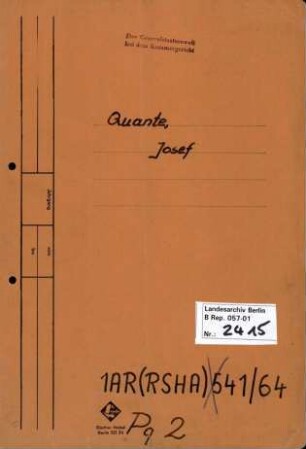 Personenheft Josef Quante (*20.07.1905), SS-Hauptsturmführer