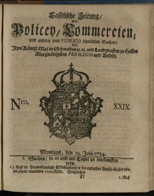 Nro. XXIX, Montags, den 19. Julii 1734