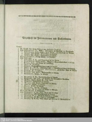 Verzeichniß der Pränumeranten und Subscribenten