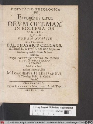 Disputatio Theologica De Erroribus circa Deum Opt. Max. In Ecclesia Obortis