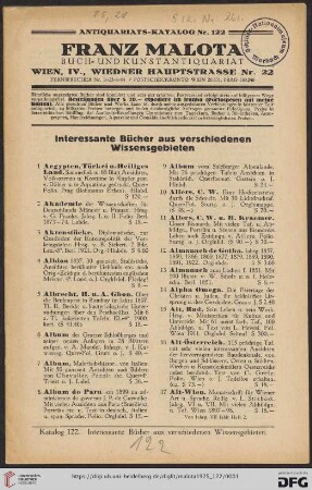 Nr. 122: Antiquariats-Katalog: Interessante Bücher aus verschiedenen Wissensgebieten