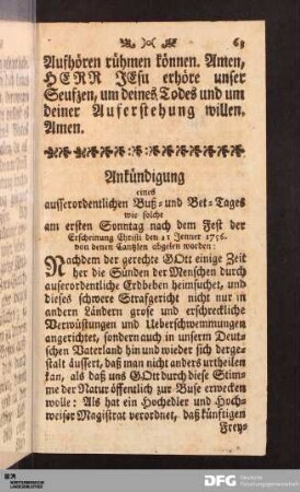 Ankündigung eines ausserordentlichen Buß- und Bet-Tages