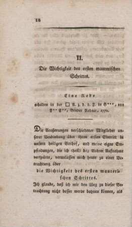 II. Die Wichtigkeit des ersten maurerischen Schrittes.