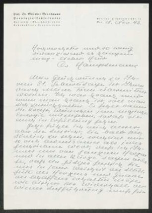 Brief von Günther Grundmann an Gerhart Hauptmann