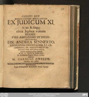 Exercitationem Philologicam Ex Iudicum XI. v. 30. & seqq: circa Jephtae votum