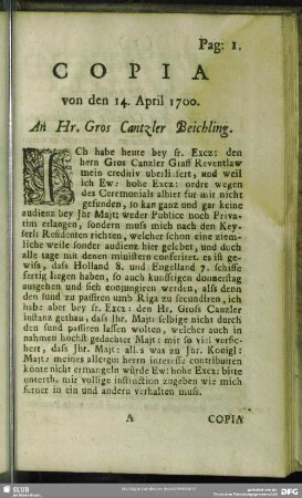 Copia von den 14. April 1700